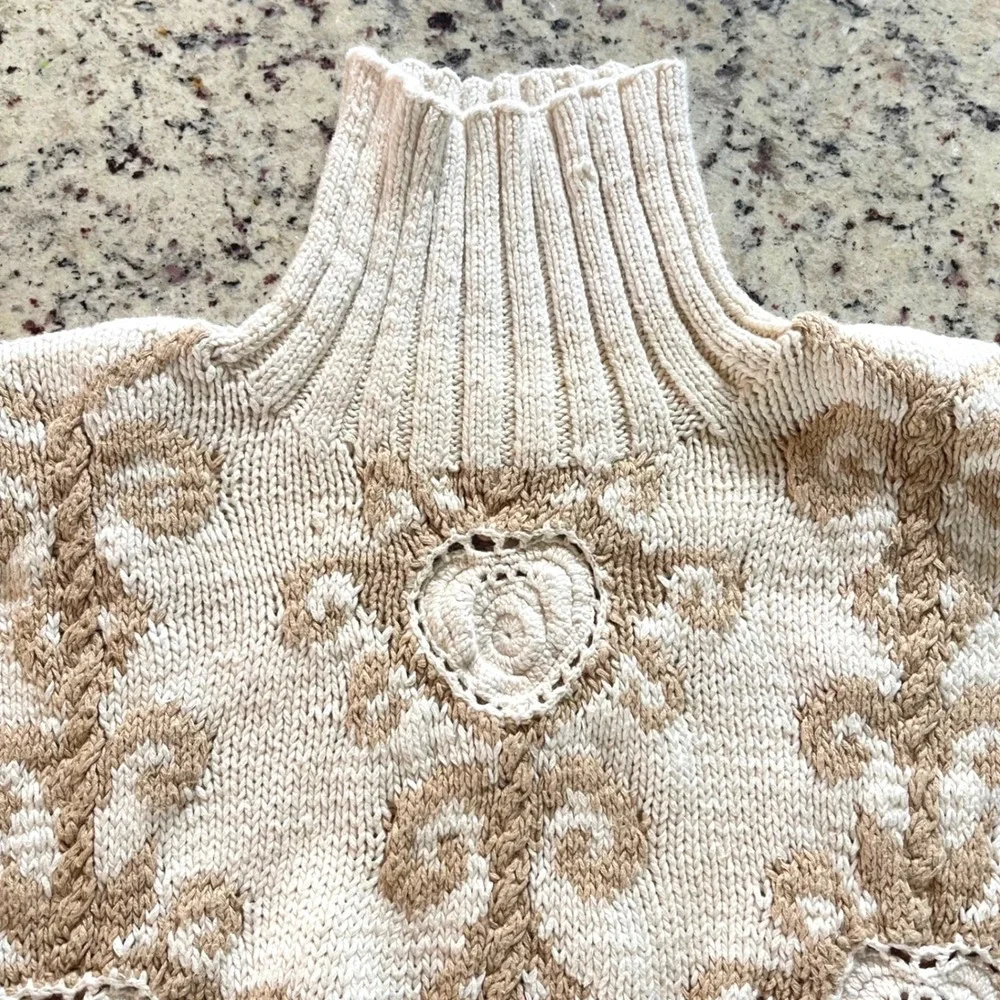 Express Tricot Sweater Womens Large Cream Floral Vintage 90s Hand Knit Mock Neck